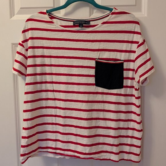 Women's Tommy Hilfiger Short Sleeved Boxy Red White Striped Cotton Tee Medium - Picture 1 of 6